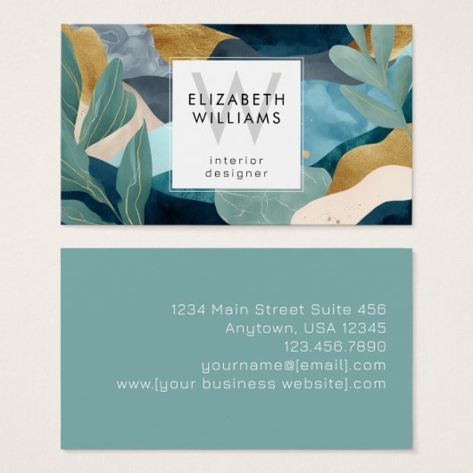 Teal Gold Modern Abstract Monogram Business Cards (Vorne & Hinten)