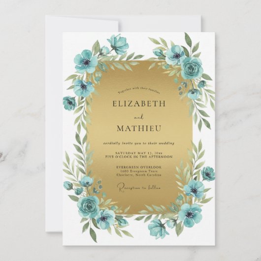 Teal Gold Mohn Hochzeit Einladung (Vorderseite)