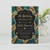 Teal Gold Palm Leaf Elegant Black Birthday Einladung (Stehend Vorderseite)