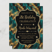 Teal Gold Palm Leaf Elegant Black Birthday Einladung (Vorne/Hinten)