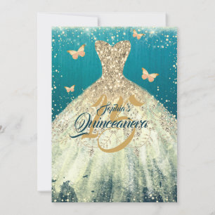 Teal Gold Sparkle Butterfly Kleid Quinceanera Einladung
