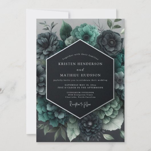 Teal Gothic Bloom Hochzeit Einladung (Vorderseite)