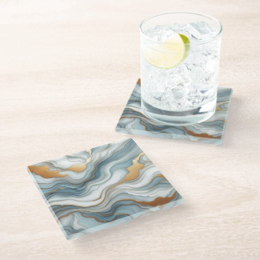 Teal Gray Blue Gold Marble Art Pattern Glasuntersetzer (Schrägansicht)