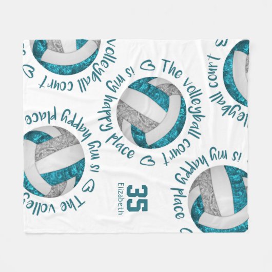 Teal Gray Volleyball Court Happy Place Typography Fleecedecke (Vorderseite (Horizontal))