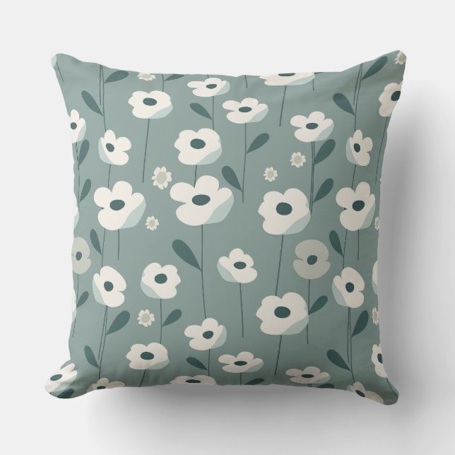 Teal Green and White Floral Throw Pillow Kissen (Vorderseite)
