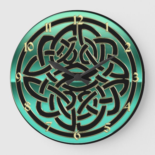 Teal Green Black and Gold Celtic Knot Wall Clock Große Wanduhr (Vorderseite)