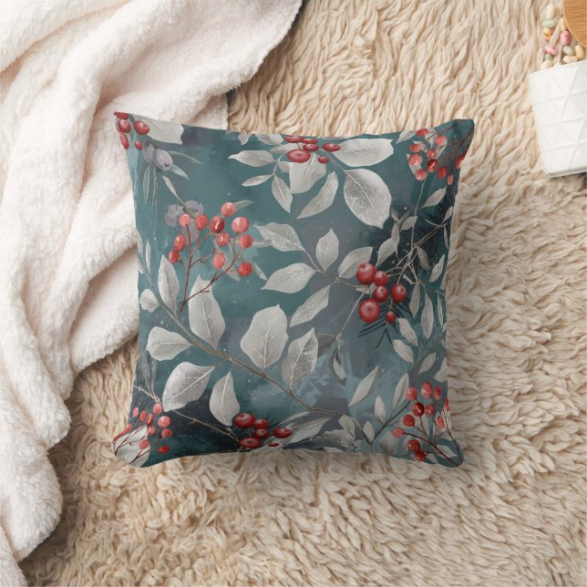 Teal Green, Blue Pillow with Berries Kissen (Decke)