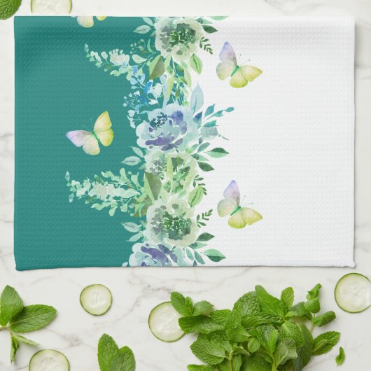 Teal Green Botanical Butterflies Kitchen Towel Geschirrtuch (Gefaltet)