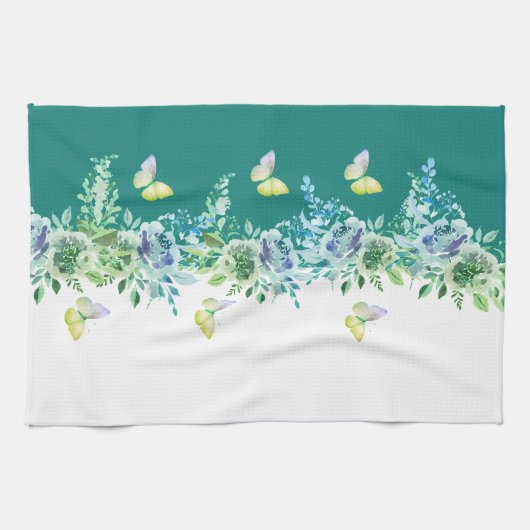 Teal Green Botanical Butterflies Kitchen Towel Geschirrtuch (Horizontal)