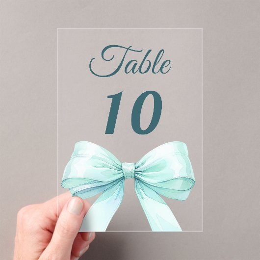 Teal green bow acrylic table number sign acryleinladungen (Insitu (Handheld))