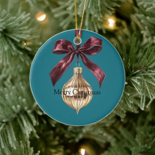 Teal Green Burgundy Bow Gold Ornament Christmas (Baum)