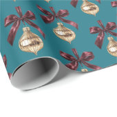 Teal Green Burgundy Bow Gold Ornament Christmas Geschenkpapier (Rolleneckpunkt)