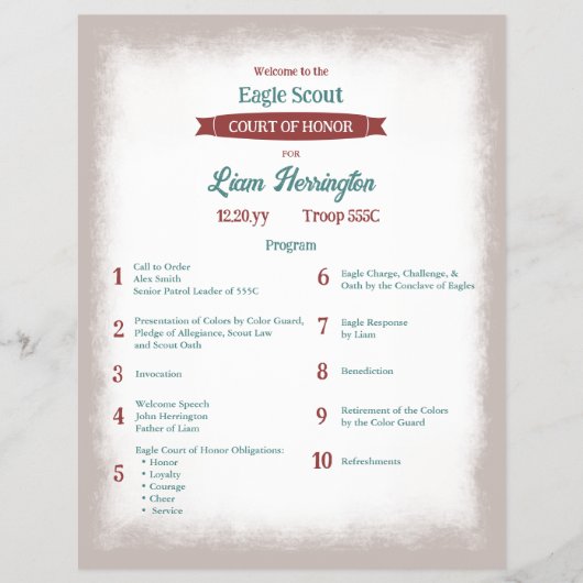 Teal Green, Burgundy Eagle Court of Honor Program Flyer (Vorne)
