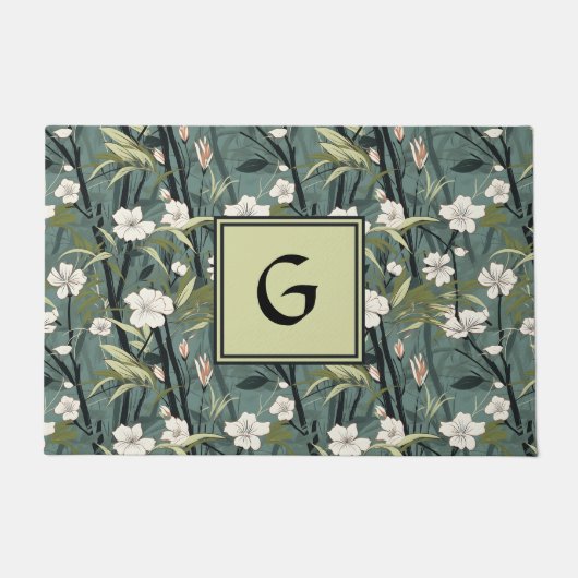 Teal Green Chinoiserie Floral White Initial Fußmatte (Vorderseite)