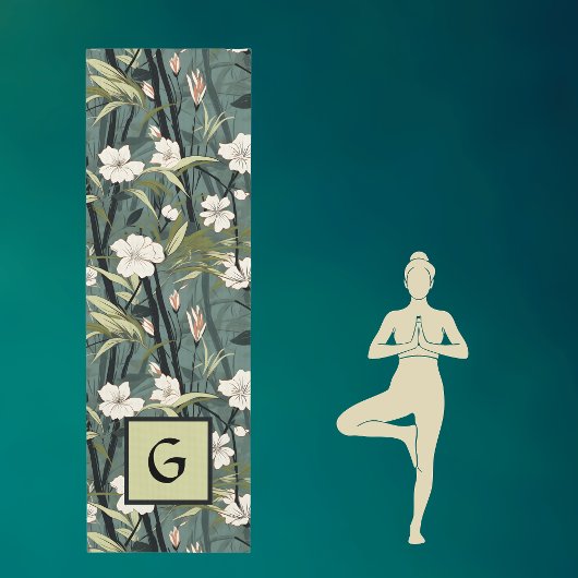 Teal Green Chinoiserie Initial Tropical Floral Yogamatte
