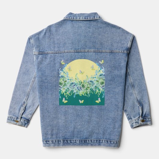 Teal Green Floral Butterfly Denim Jacket Jeansjacke (Rückseite)