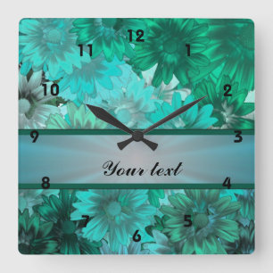 Teal green floral pattern quadratische wanduhr