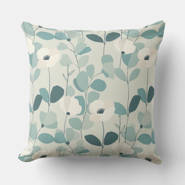 Teal Green Floral Throw Pillow Kissen (Vorderseite)