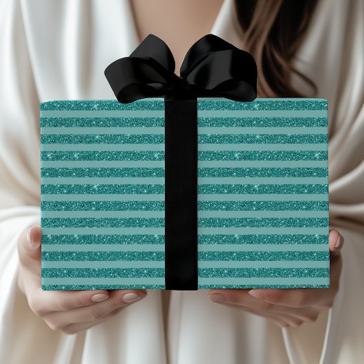 Teal Green Glitter Style Horizontal Stripes Geschenkpapier