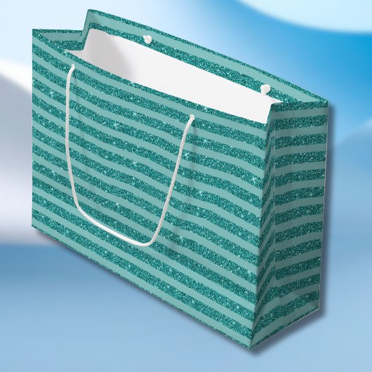 Teal Green Glitter Style Horizontal Stripes Große Geschenktüte