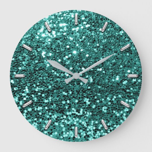 Teal Greenery Aqua Sparkly Falsch Glitter Gray Gla Große Wanduhr (Vorderseite)