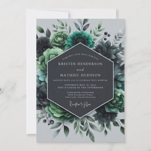 Teal-grüne Flora-Hochzeit Einladung (Vorderseite)