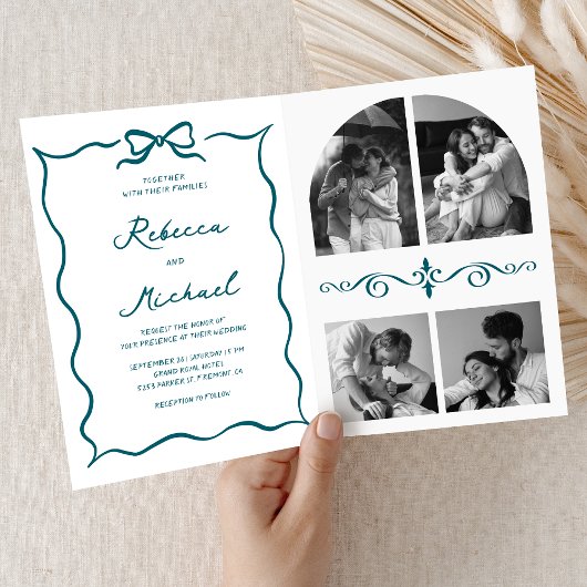 Teal Hand Drawn Bow QR Code Photo Wedding Einladung