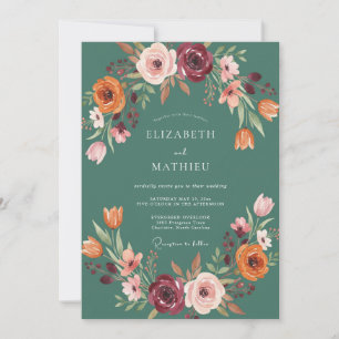 Teal Herbst Floral Flourish Hochzeit Einladung
