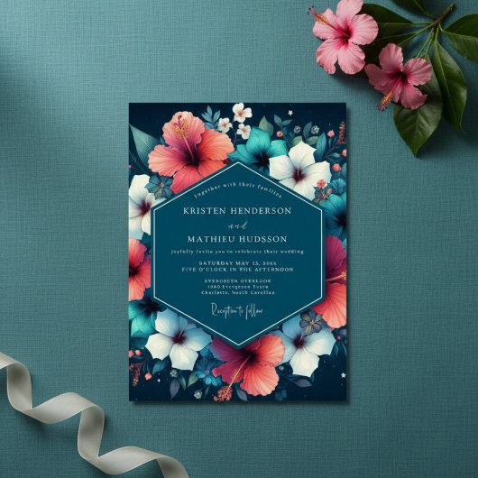 Teal Hibiscus Bloom Wedding Einladung