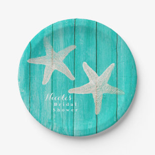 Teal Holz & Starfish Beach Eleganter Tropischer Ch Pappteller