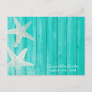 Teal Holz & Starfish Strand Elegant Save-the-Date- Ankündigungspostkarte