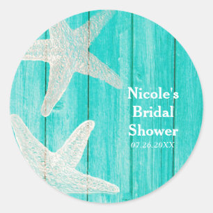 Teal Holz & Starfish Strand Elegante tropische Fav Runder Aufkleber