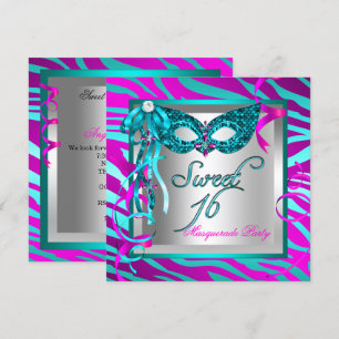 Teal Hot Pink Zebra-Maskenbild Süße 16 Sechzehn Einladung