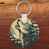Teal Howling Wolf Moon Art Schlüsselanhänger (Rückseite)