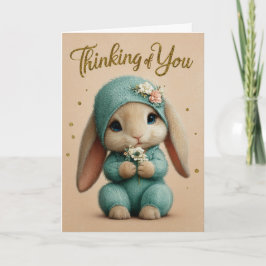Teal Knit Baby Bunny Thinking of You Card Karte