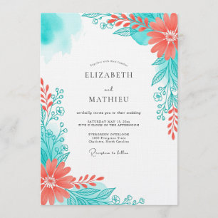 Teal Korallen Ätherische Blütenhochzeit Einladung