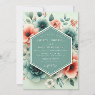 Teal-Korallen-Ätherische Flora-Hochzeit Einladung