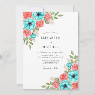 Teal-Korallen-Blumenhochzeit Einladung