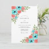 Teal-Korallen-Blumenhochzeit Einladung (Stehend Vorderseite)