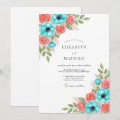 Teal-Korallen-Blumenhochzeit Einladung (Vorne/Hinten)