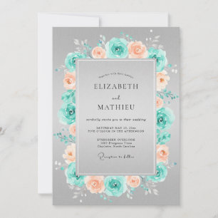 Teal-Korallen-Blumenkranz-Hochzeit Einladung