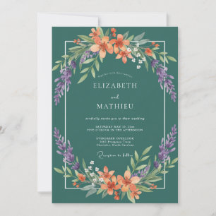Teal-Korallen-Blüten-Kranz-Hochzeit Einladung