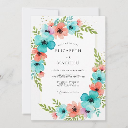 Teal-Korallen-Blütenhochzeit-Romantik Einladung (Vorderseite)