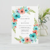 Teal-Korallen-Blütenhochzeit-Romantik Einladung (Stehend Vorderseite)