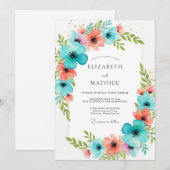 Teal-Korallen-Blütenhochzeit-Romantik Einladung (Vorne/Hinten)