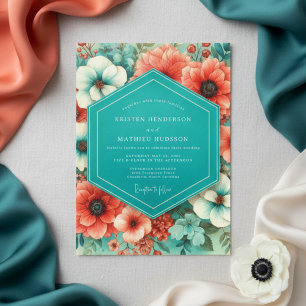 Teal-Korallen-Blütenromanze-Hochzeit Einladung