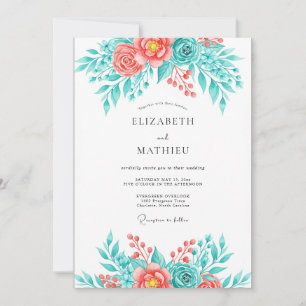 Teal Korallen Breezy Botanische Hochzeit Einladung