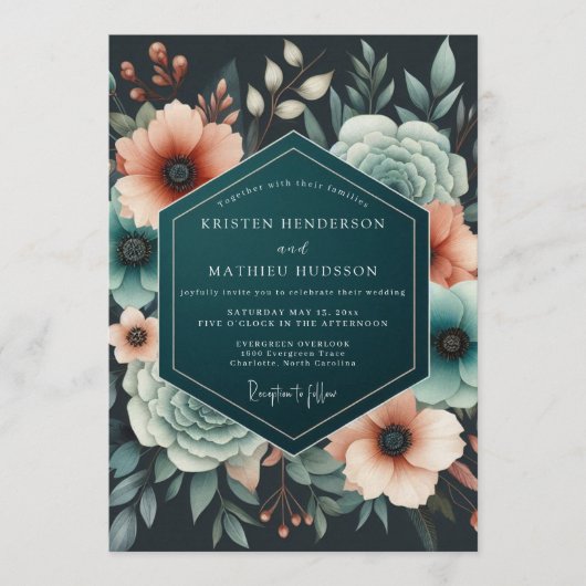 Teal Korallen Eventide Hochzeit Einladung (Vorderseite)