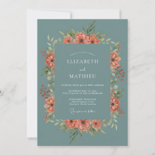 Teal-Korallen-Kranz Botanische Hochzeit Einladung