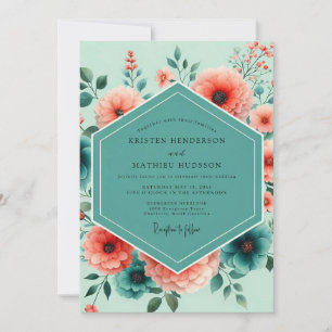 Teal Korallen Lebendige Blüten Hochzeit Einladung